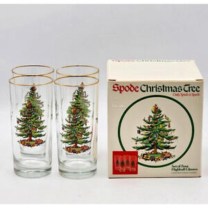 Spode Christmas Tree Set Of Four Highball Glasses 15 Oz Gold Rimmed Original Box